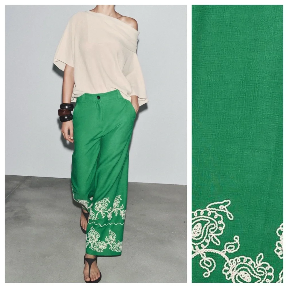 NWT. Zara Green Viscose/Linen Blend Embroidered Trousers. Size M.